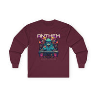 Printify unisex eco-friendly long sleeve tee in maroon with colorful electronic anthem graphic