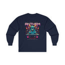 Printify unisex eco-friendly long sleeve tee in navy with colorful electronic anthem graphic