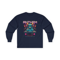 Printify unisex eco-friendly long sleeve tee in navy with colorful electronic anthem graphic