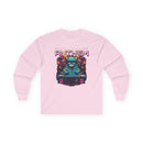 Printify unisex eco-friendly long sleeve tee in light pink with colorful electronic anthem graphic