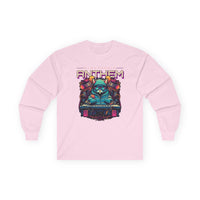 Printify unisex eco-friendly long sleeve tee in light pink with colorful electronic anthem graphic