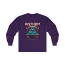 Purple unisex eco-friendly long sleeve tee with electronic anthem graphic by Printify
