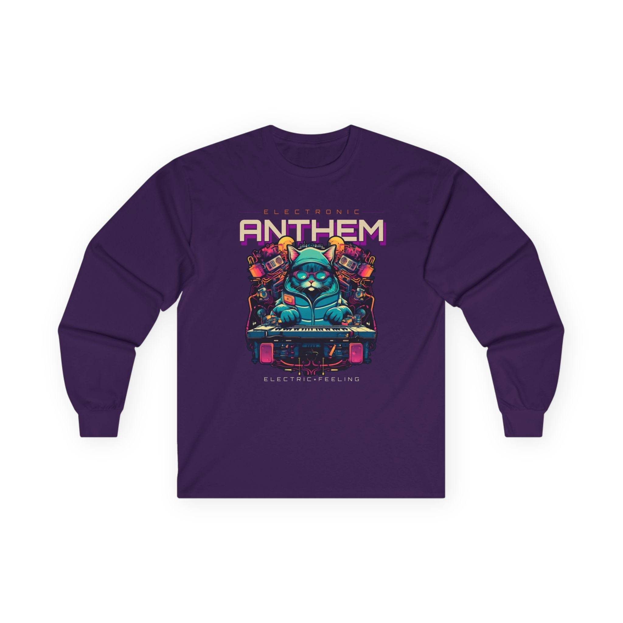 Purple unisex eco-friendly long sleeve tee with electronic anthem graphic by Printify