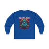 Printify unisex eco-friendly long sleeve tee in blue with electronic anthem graphic design