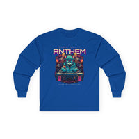 Printify unisex eco-friendly long sleeve tee in blue with electronic anthem graphic design