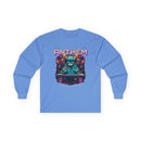 Printify unisex eco-friendly long sleeve tee in blue with colorful graphic design on front