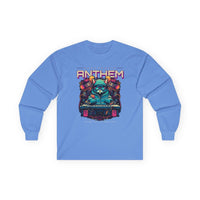 Printify unisex eco-friendly long sleeve tee in blue with colorful graphic design on front