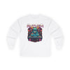 Printify unisex eco-friendly long sleeve tee in white with colorful electronic anthem graphic design