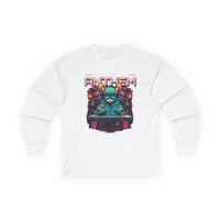 Printify unisex eco-friendly long sleeve tee in white with colorful electronic anthem graphic design