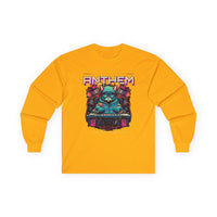 Yellow unisex eco-friendly long sleeve tee with colorful Anthem graphic print on front