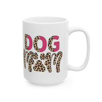 eco friendly ceramic dog mom mug white ceramic coffee mug with leopard print and pink DOG MOM lettering