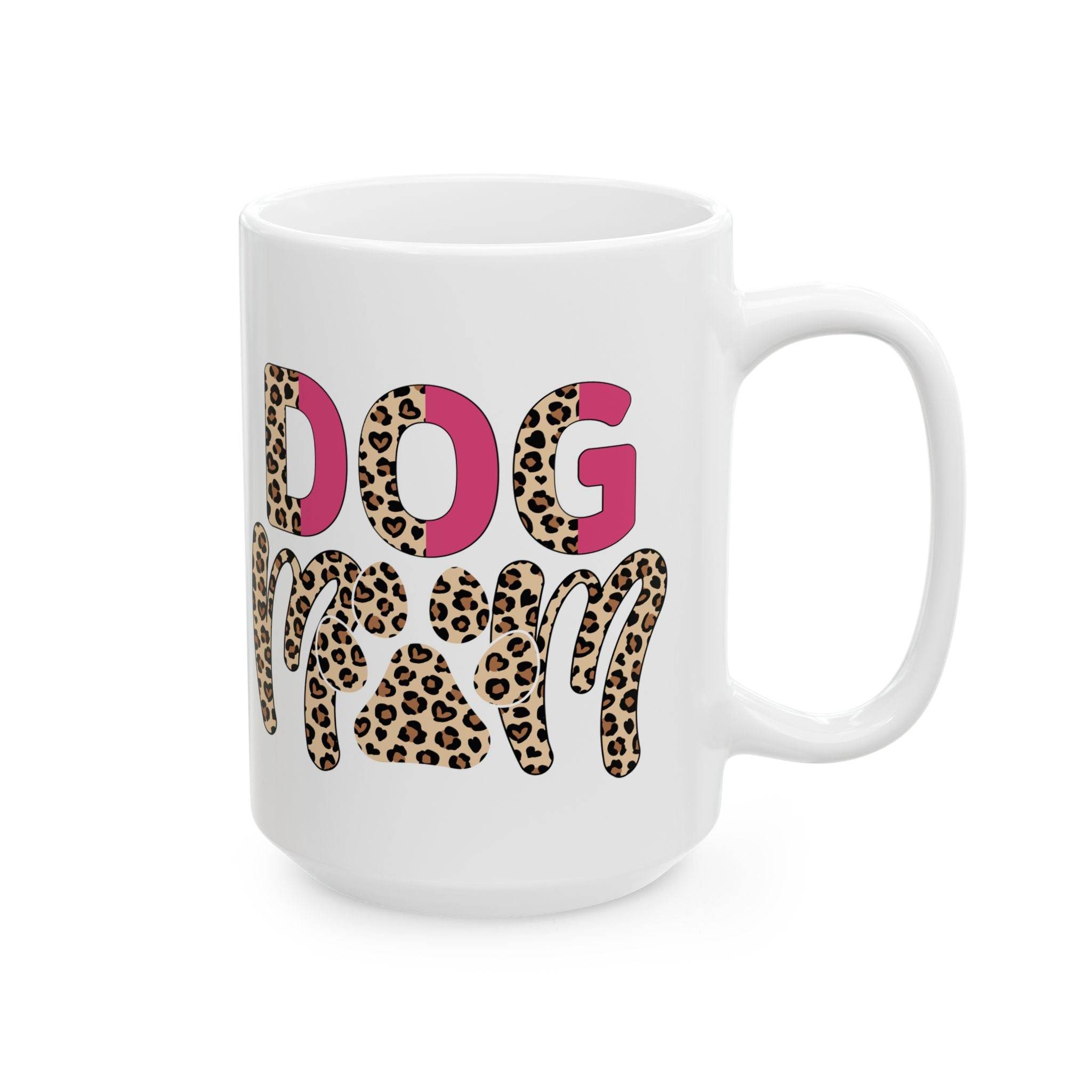eco friendly ceramic dog mom mug white ceramic coffee mug with leopard print and pink DOG MOM lettering
