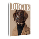 Printify canvas of stylish brown dog in tan coat and black turtleneck with DOGUE title eco-friendly dog art print