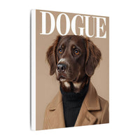 Printify canvas of stylish brown dog in tan coat and black turtleneck with DOGUE title eco-friendly dog art print