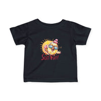 Printify baby summer jersey shirt in black with colorful sun and ice cream graphic and Sun Fun text