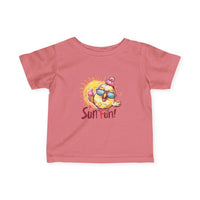 Pink baby summer jersey shirt with fun sun and bird graphic from Printify
