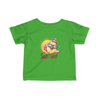 Green baby summer jersey shirt by Printify with fun sun and ice cream graphic and Sun Fun text