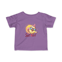 Purple baby summer jersey shirt with sun fun chicken graphic and sunglasses design