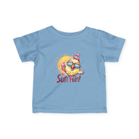 Printify baby summer jersey shirt in light blue with cute sun and ice cream graphic and Sun Fun text