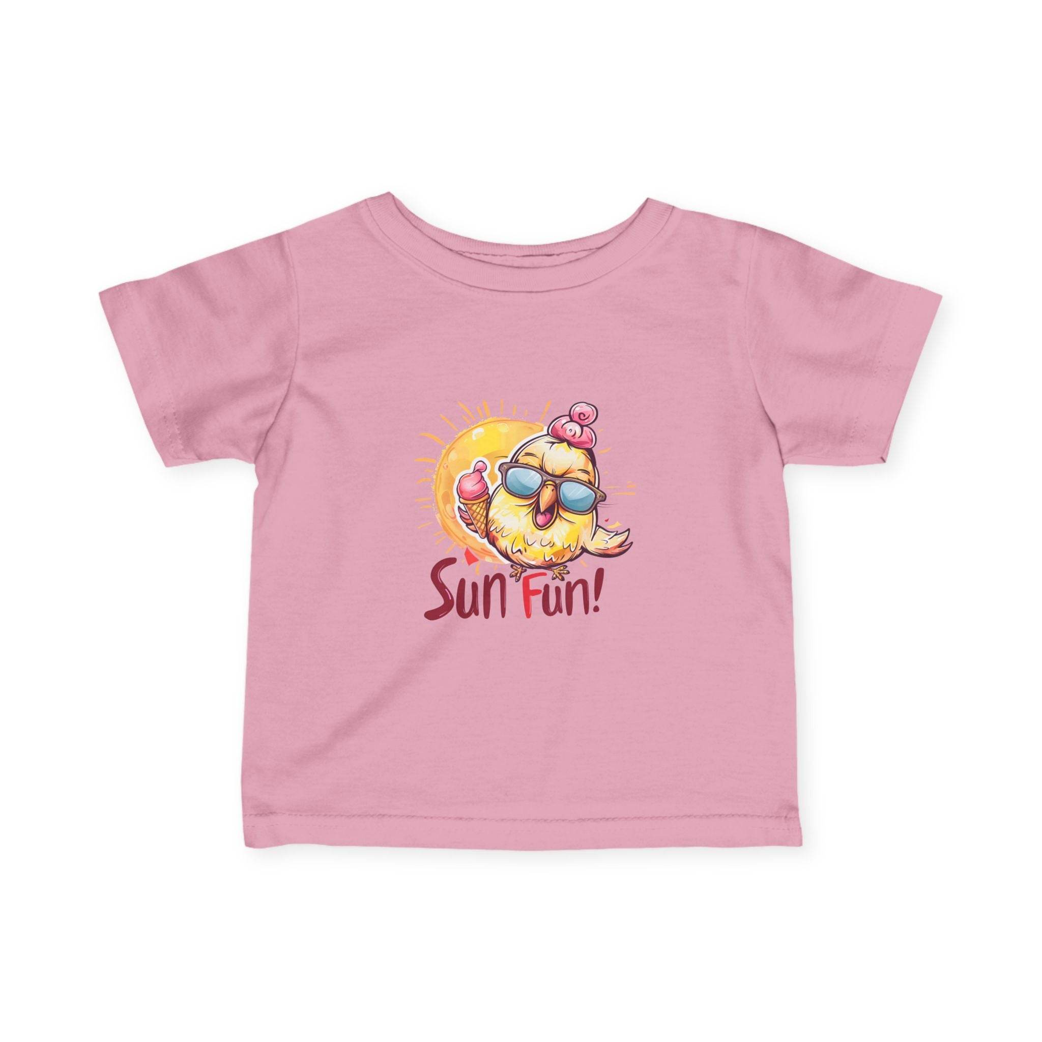 Pink baby summer jersey shirt with cute chick wearing sunglasses and ice cream graphic from Printify