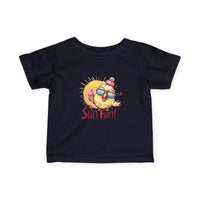Printify baby summer jersey shirt in navy with sun and ice cream graphic and Sun Fun text