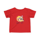 Red baby summer jersey shirt with fun sun graphic and sunglasses for playful summer wear