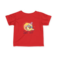 Red baby summer jersey shirt with fun sun graphic and sunglasses for playful summer wear