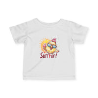 White baby summer jersey shirt with colorful sun and chick design and Sun Fun text