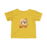 Yellow baby summer jersey shirt with cute sunglasses chick and Sun Fun text print