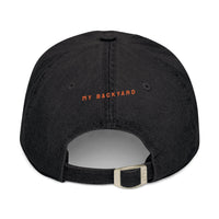 Printify eco-friendly denim hat in black with My Backyard text and adjustable metal buckle strap