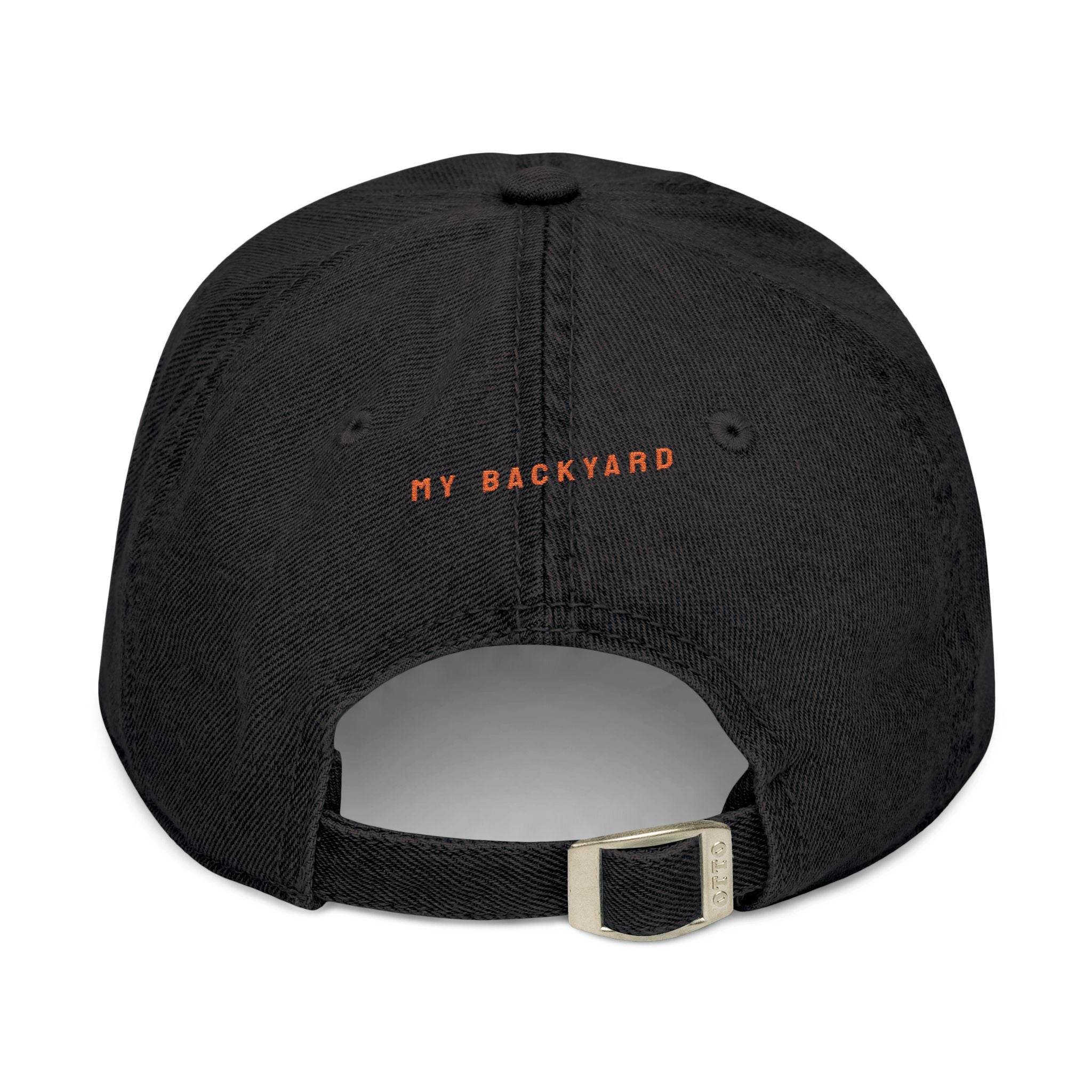 Printify eco-friendly denim hat in black with My Backyard text and adjustable metal buckle strap