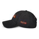 Black eco-friendly denim hat by Printify with orange text and adjustable back strap