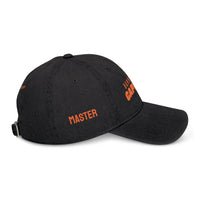 Printify black eco-friendly denim hat with orange embroidered text and adjustable back strap