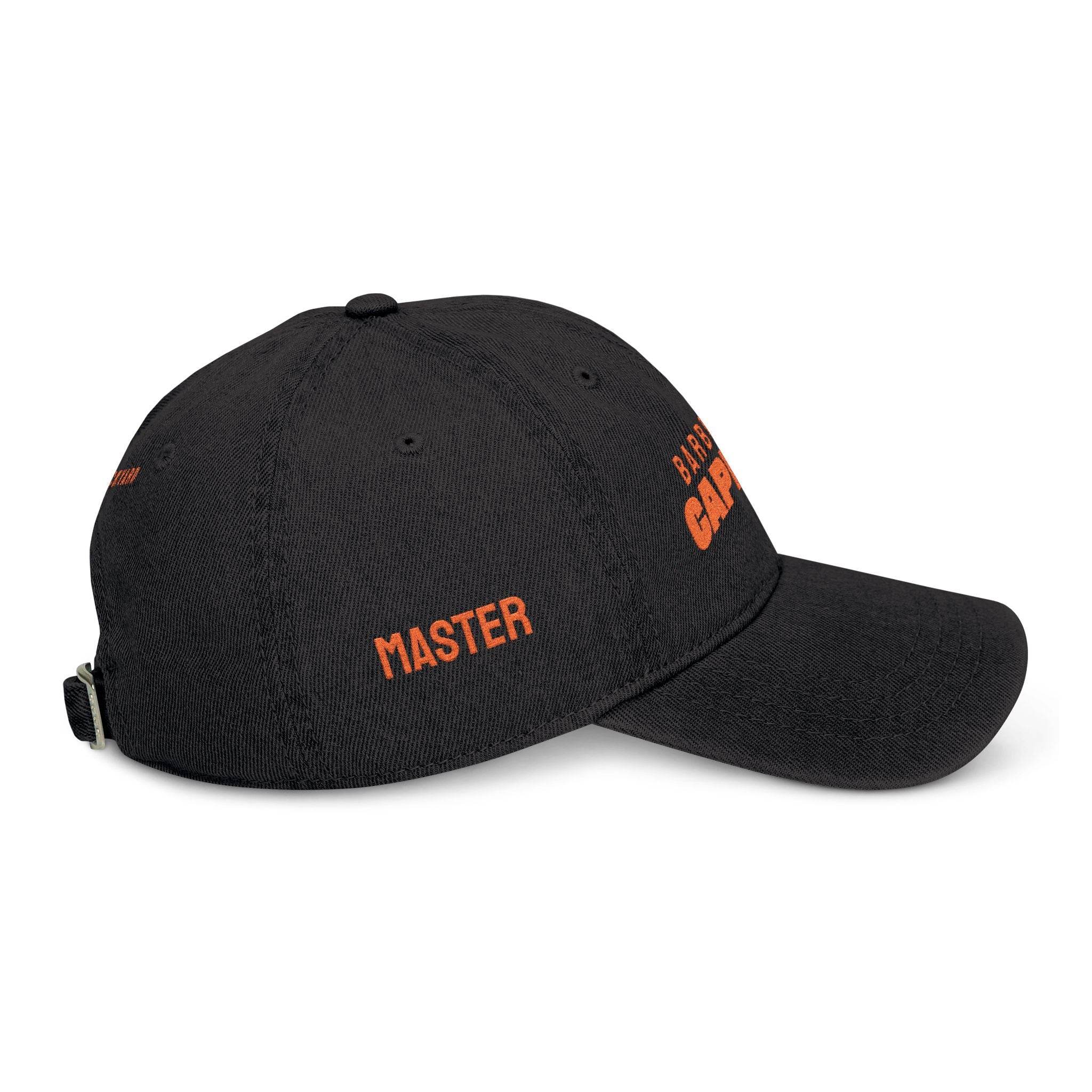 Printify black eco-friendly denim hat with orange embroidered text and adjustable back strap