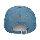 Back view of eco-friendly denim hat by Printify with adjustable metal buckle and embroidered text