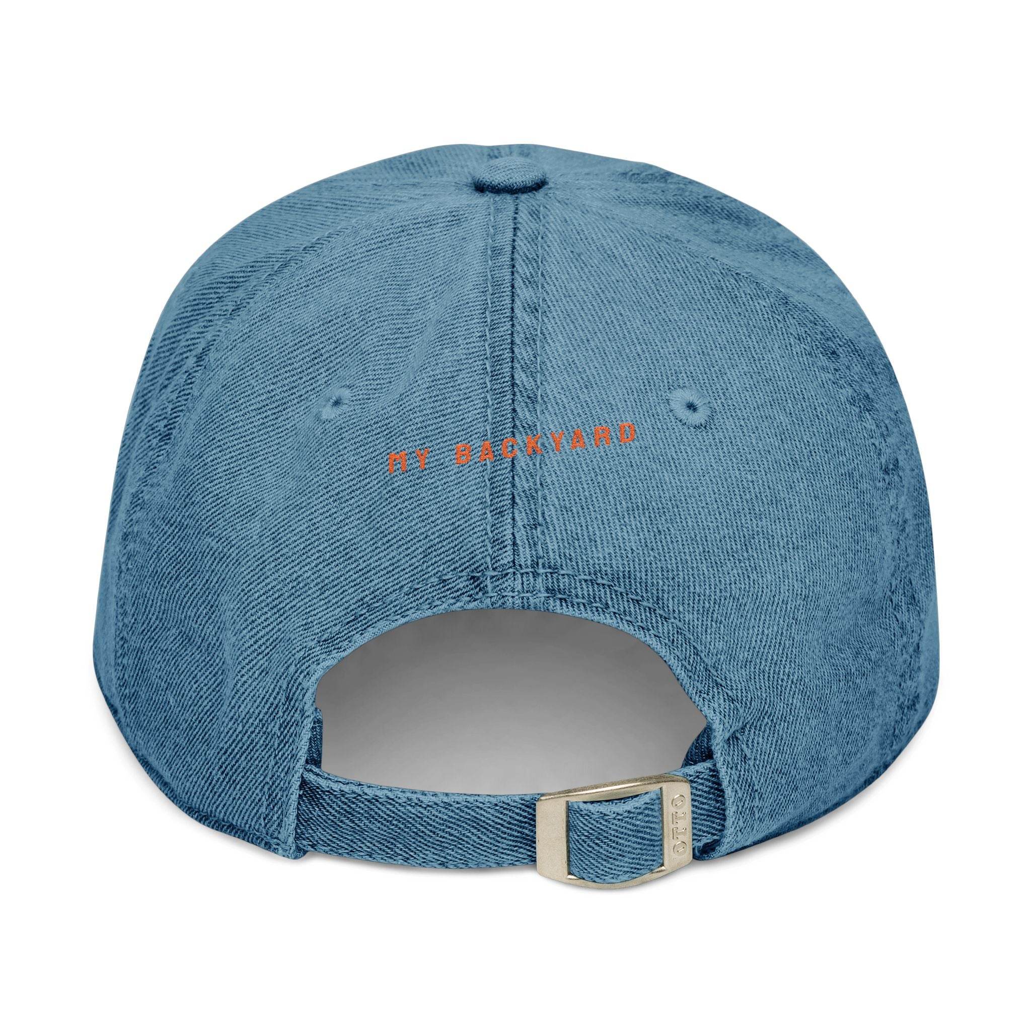 Back view of eco-friendly denim hat by Printify with adjustable metal buckle and embroidered text