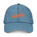 Printify eco-friendly denim hat in blue with orange Barbecue Capital text embroidery