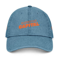 Printify eco-friendly denim hat in blue with orange Barbecue Capital text embroidery