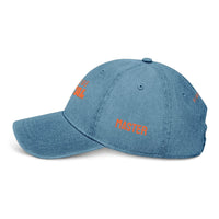 Printify eco-friendly denim hat in blue with orange text embroidery and curved brim
