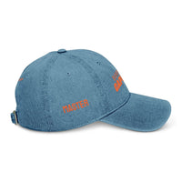 Printify eco-friendly denim hat in blue with orange embroidery and adjustable back strap