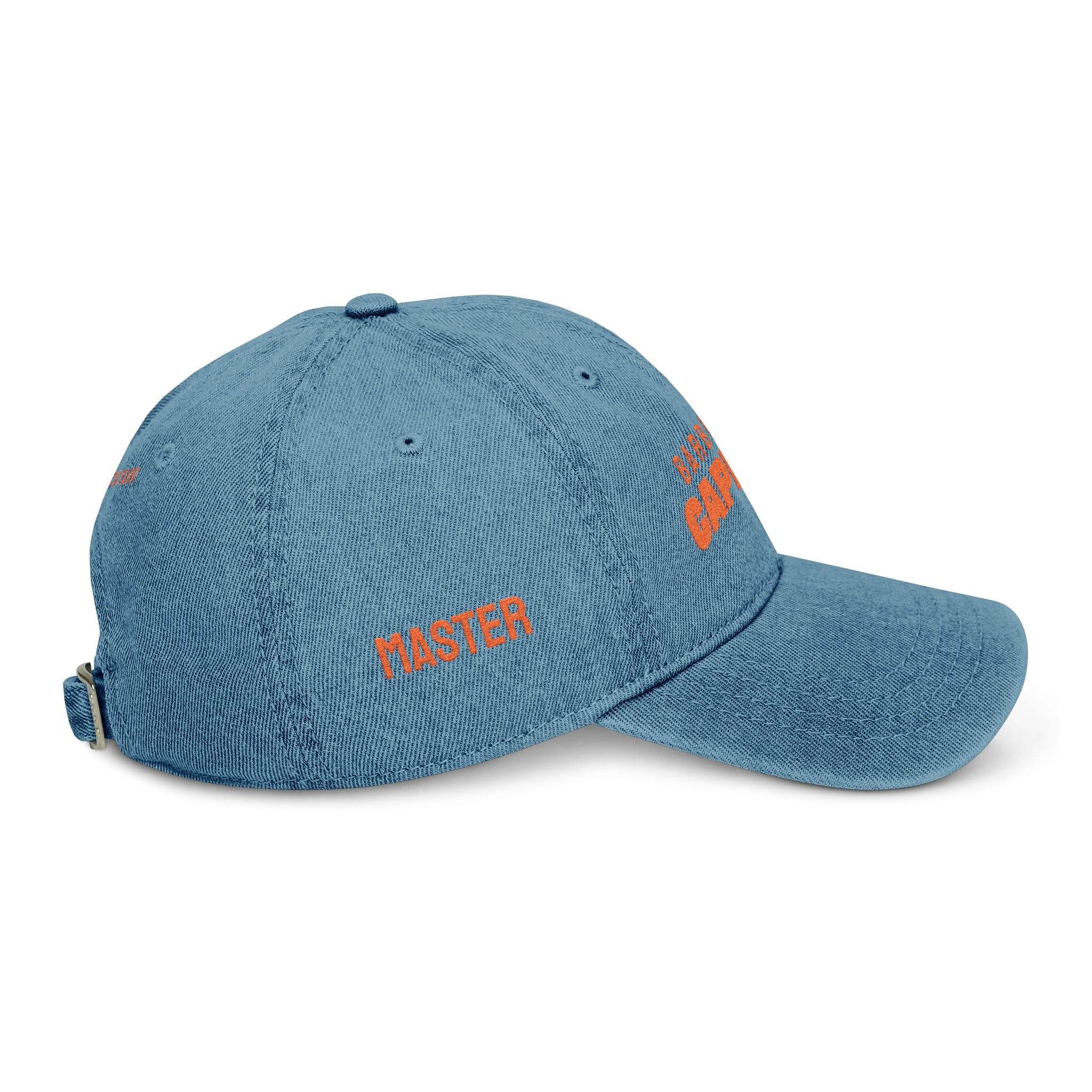 Printify eco-friendly denim hat in blue with orange embroidery and adjustable back strap