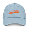 Light blue eco-friendly denim hat with orange Barbecue Capital text embroidered on front