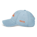 Printify eco-friendly denim hat in light blue with orange text embroidery and curved brim