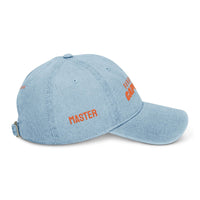 Light blue eco-friendly denim hat with adjustable strap and orange text embroidery by Printify