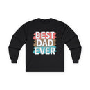 Black long-sleeve best dad ever cotton shirt with colorful graphic design