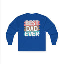 Blue long-sleeve cotton shirt featuring the phrase best dad ever in colorful text