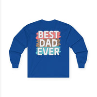 Blue long-sleeve cotton shirt featuring the phrase best dad ever in colorful text