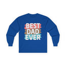Bright blue long-sleeve shirt featuring the phrase best dad ever in colorful lettering