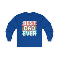 Bright blue long-sleeve shirt featuring the phrase best dad ever in colorful lettering