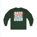 Long-sleeve best dad ever cotton shirt with colorful text on a green background